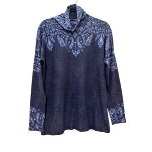 Soft Surroundings Blue Paisley Cowl Neck Top Women's Small Long Sleeve Boho